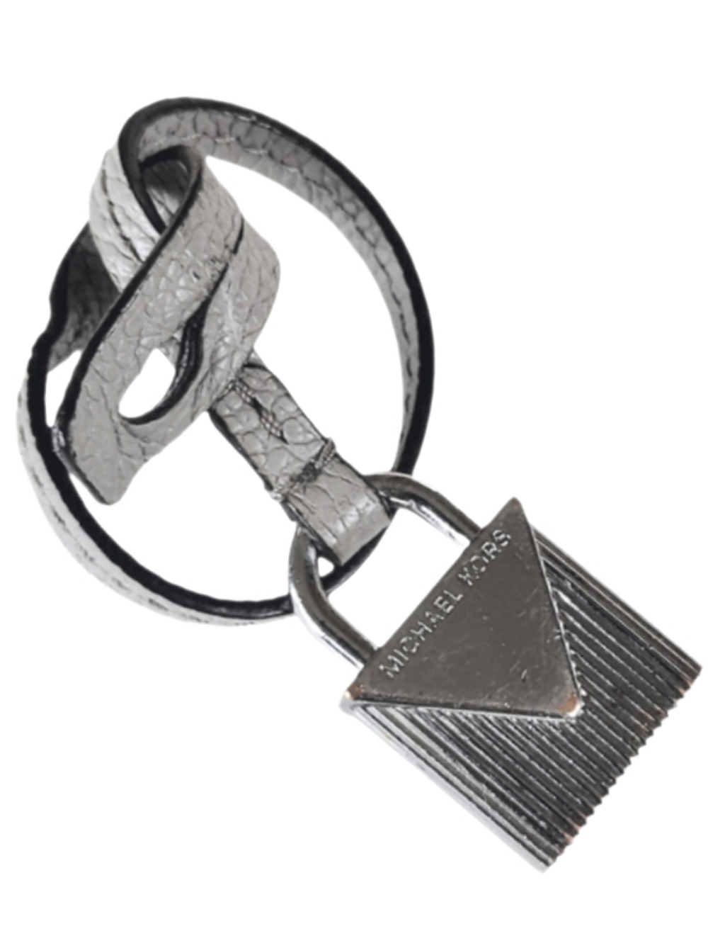 🔒 MK Michael Kors Light Gray Leather Silver Padlock Hangtag Bag Fob Purse Charm